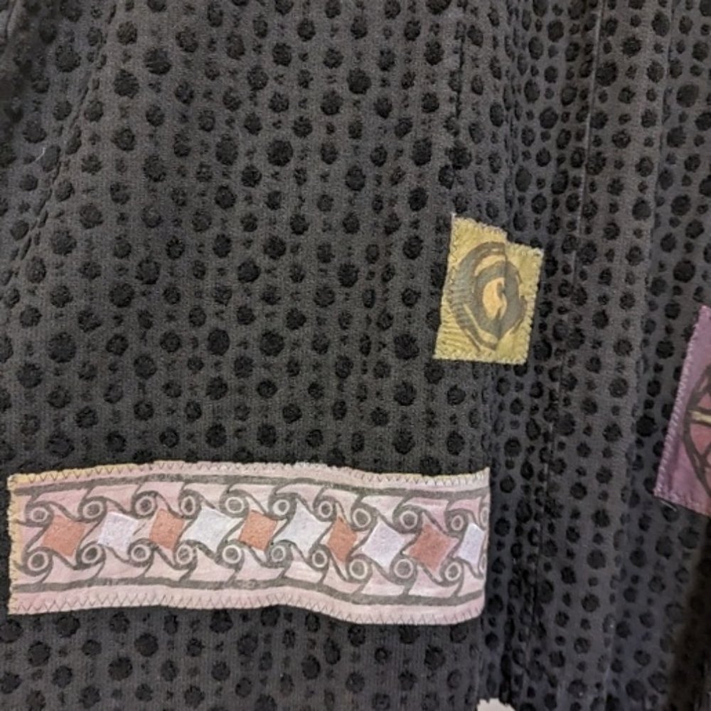 Vtg Blue Fish Black Cotton Chenille Dot Lagenlook Duster Art Patch Longline Coat - Picture 14 of 16